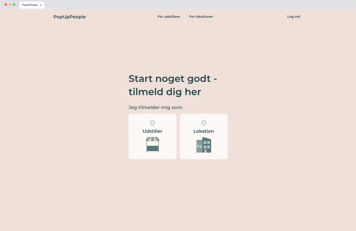 Landing screen prompting sign up ("Start noget godt - tilmeld dig her") with two options "Udstiller" and "Lokation".